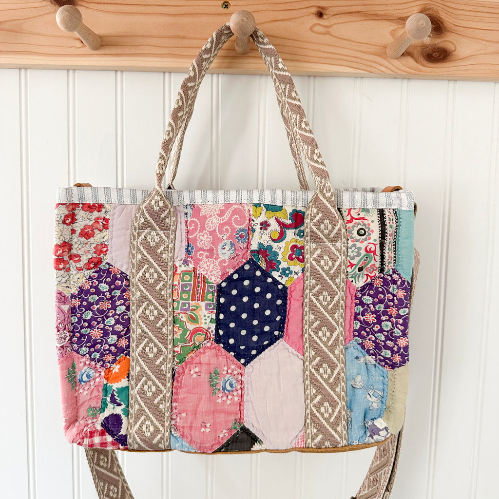 Boxy Bible Bag Vintage Feed Sack Quilt with Leather Handles and Crossbody Strap
