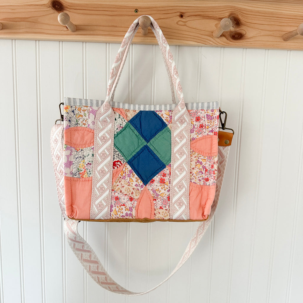 Boxy Bible Bag Vintage Wedding Ring Quilt with Leather Handles and Crossbody Strap
