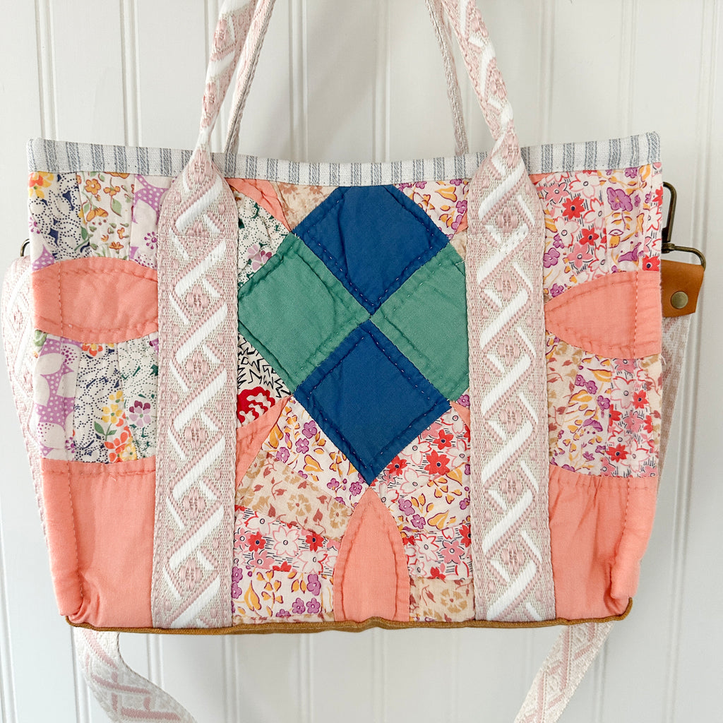Boxy Bible Bag Vintage Wedding Ring Quilt with Leather Handles and Crossbody Strap
