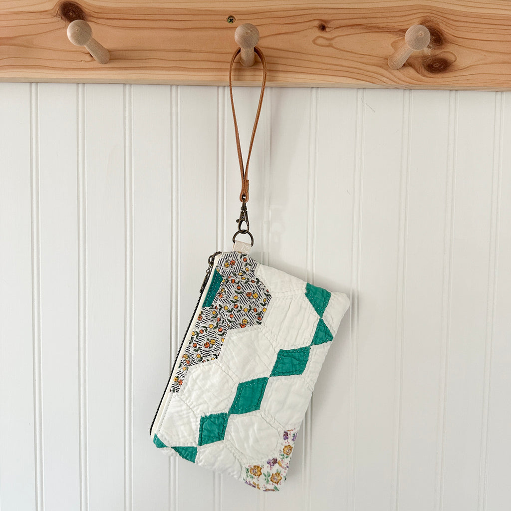 Vintage Quilt Wristlet with Leather Strap