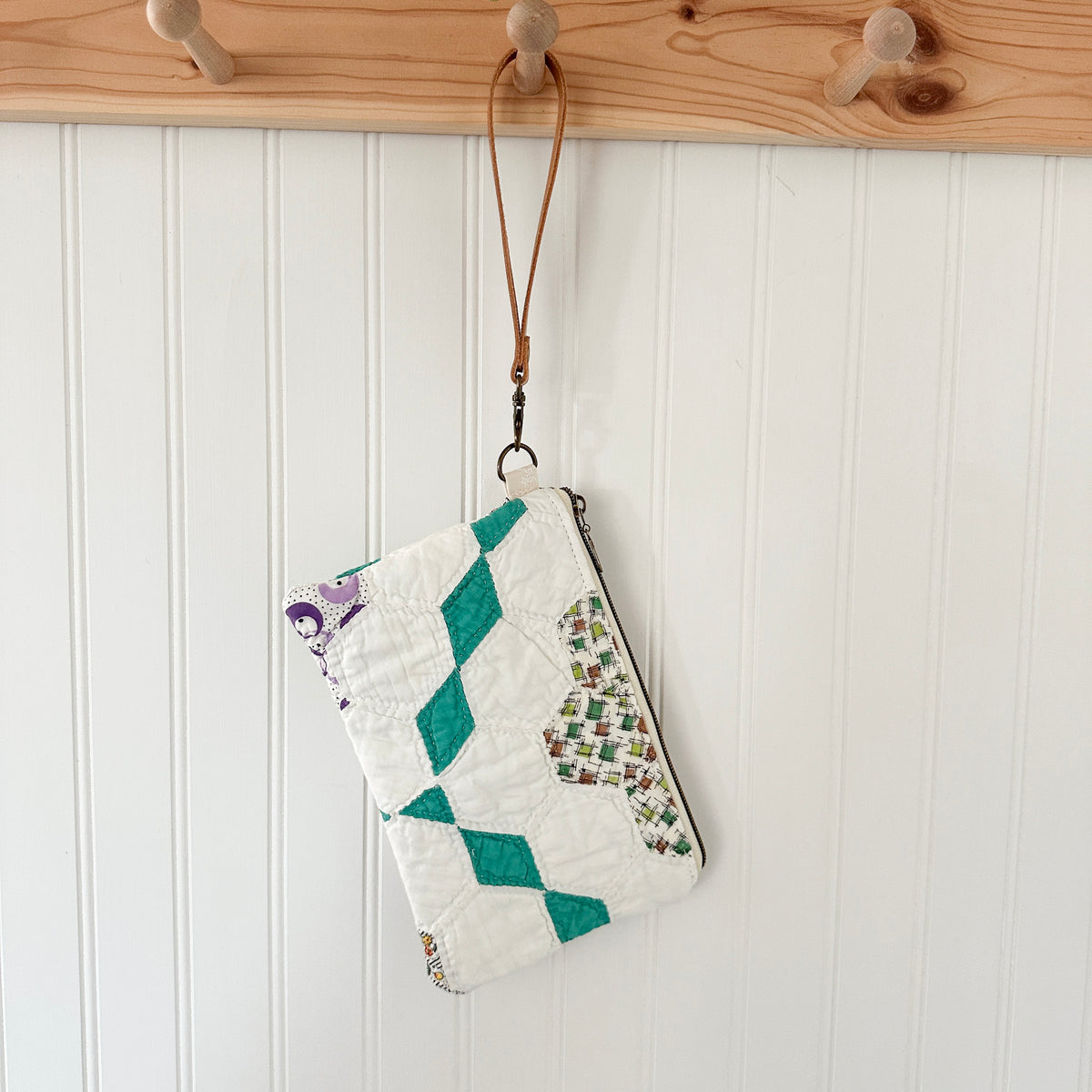 Vintage Quilt Wristlet with Leather Strap