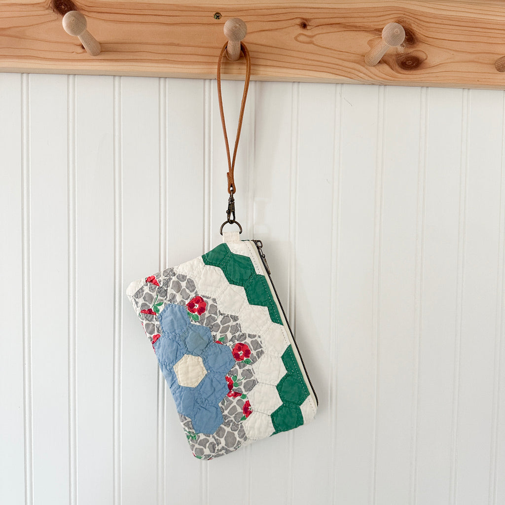 Vintage Quilt Wristlet with Leather Strap