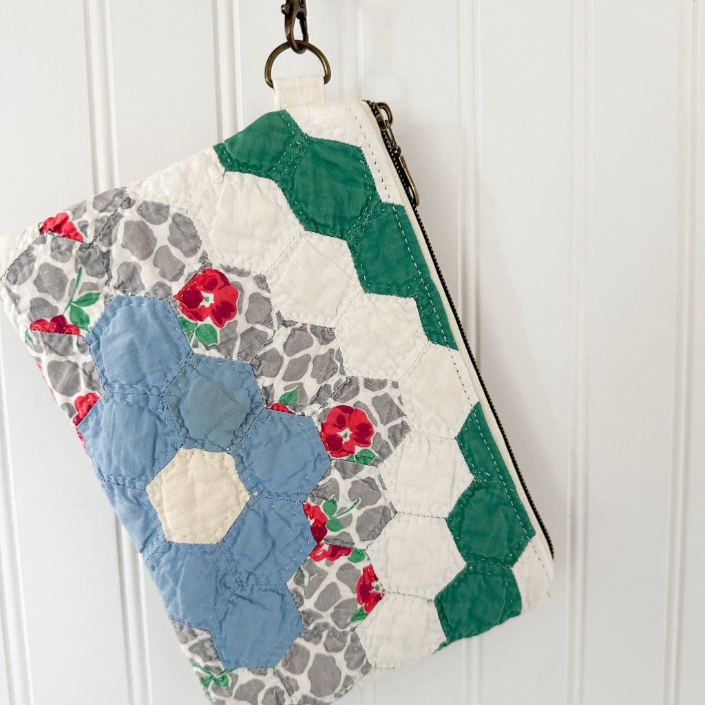 Vintage Quilt Wristlet with Leather Strap