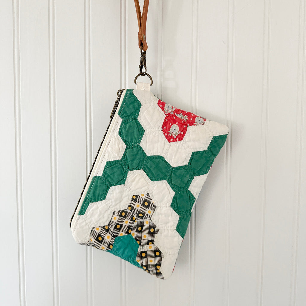 Vintage Quilt Wristlet with Leather Strap