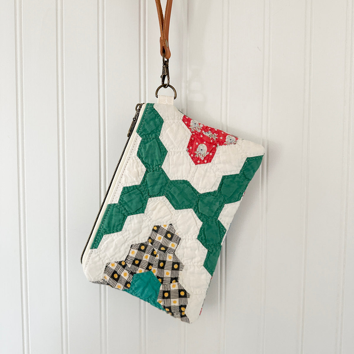 Vintage Quilt Wristlet with Leather Strap