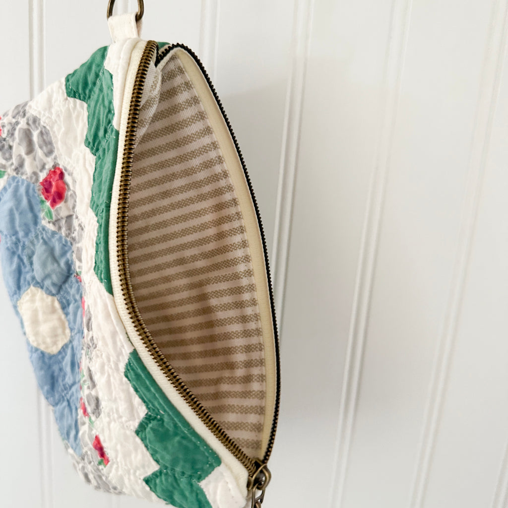 Vintage Quilt Wristlet with Leather Strap