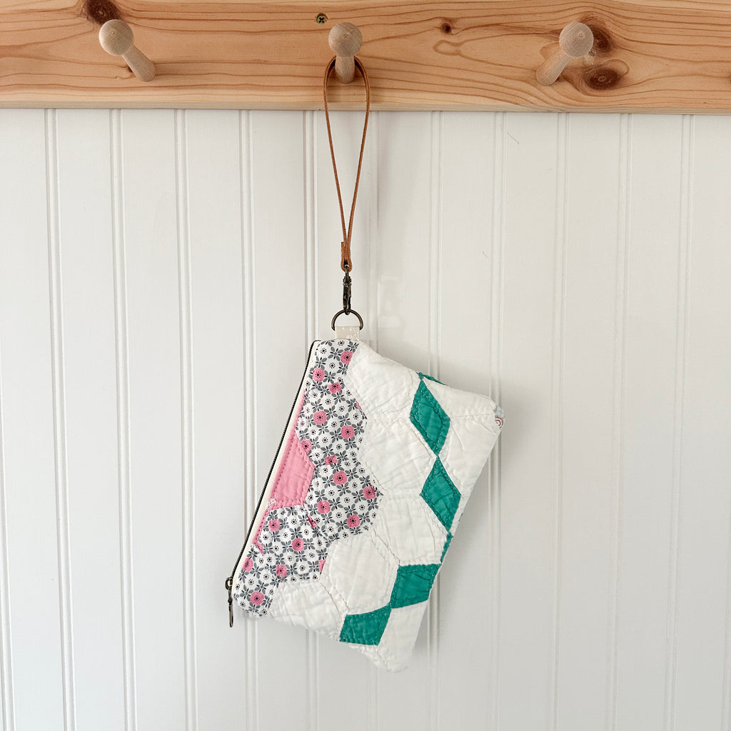 Vintage Quilt Wristlet with Leather Strap