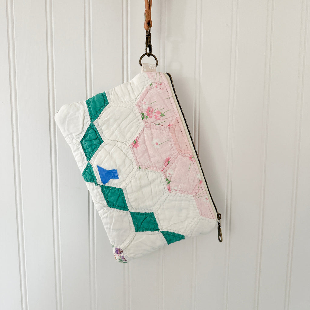 Vintage Quilt Wristlet with Leather Strap