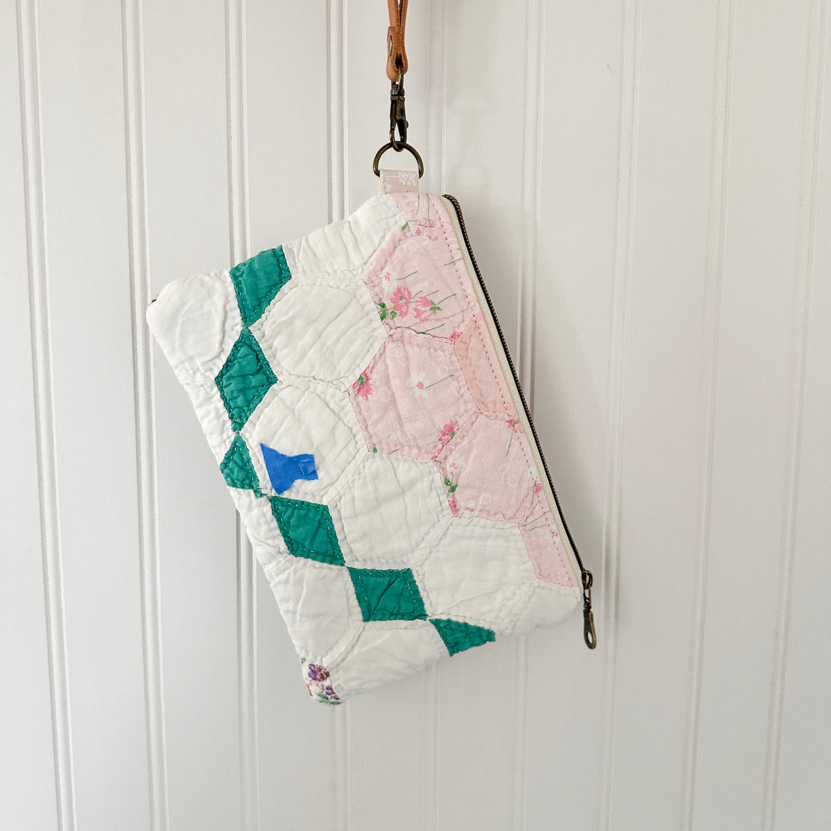 Vintage Quilt Wristlet with Leather Strap