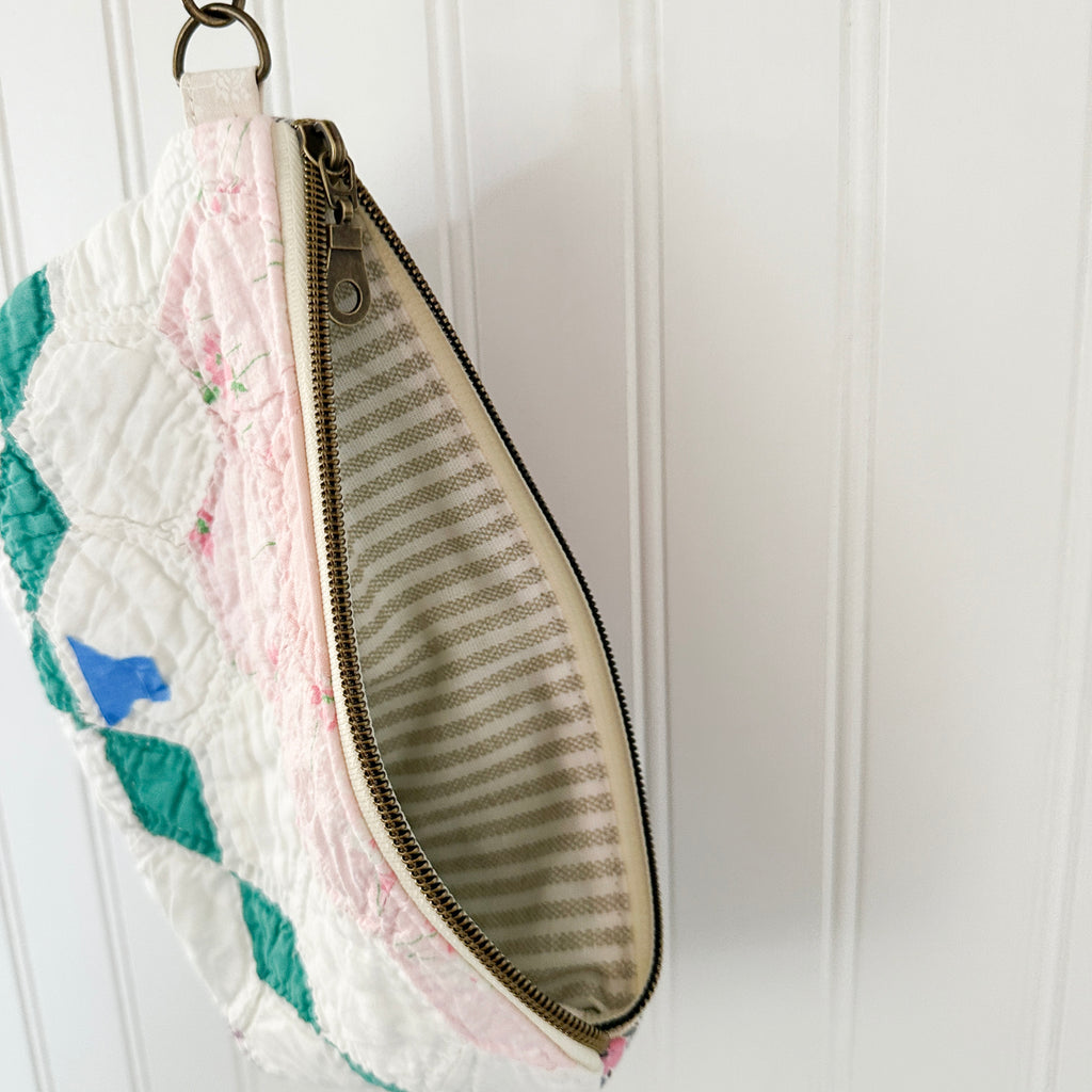 Vintage Quilt Wristlet with Leather Strap