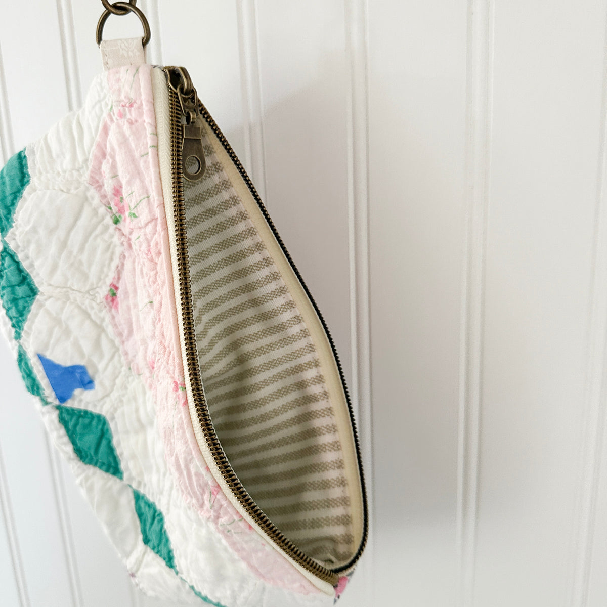 Vintage Quilt Wristlet with Leather Strap
