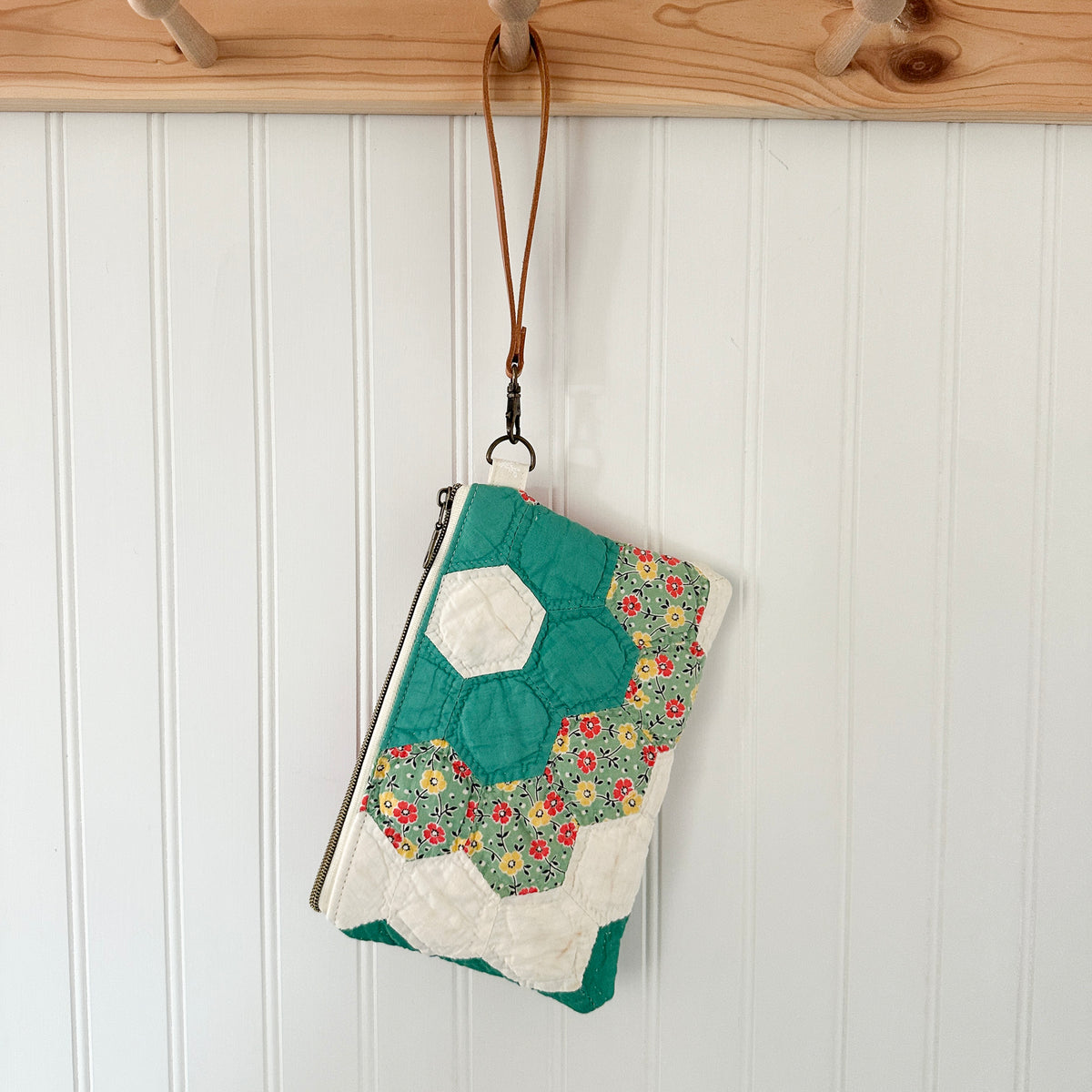 Vintage Quilt Wristlet with Leather Strap
