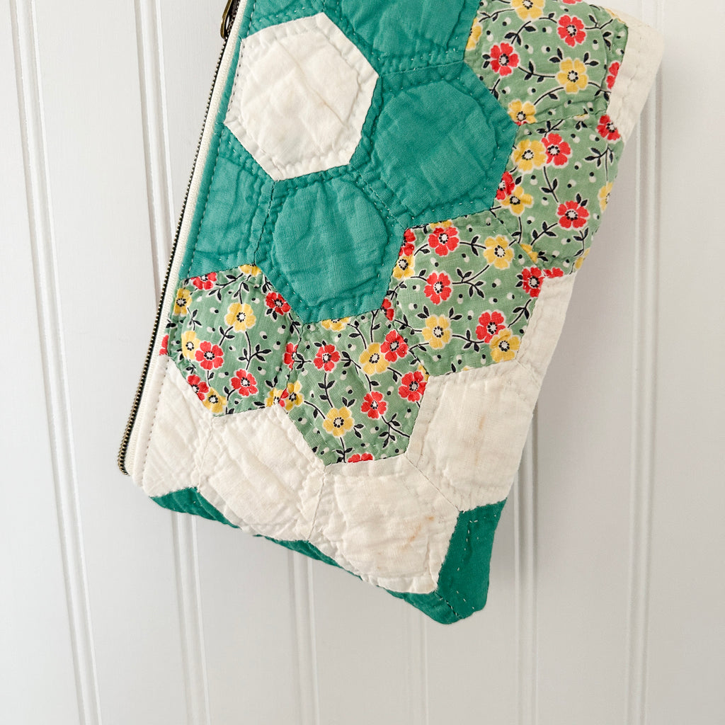 Vintage Quilt Wristlet with Leather Strap