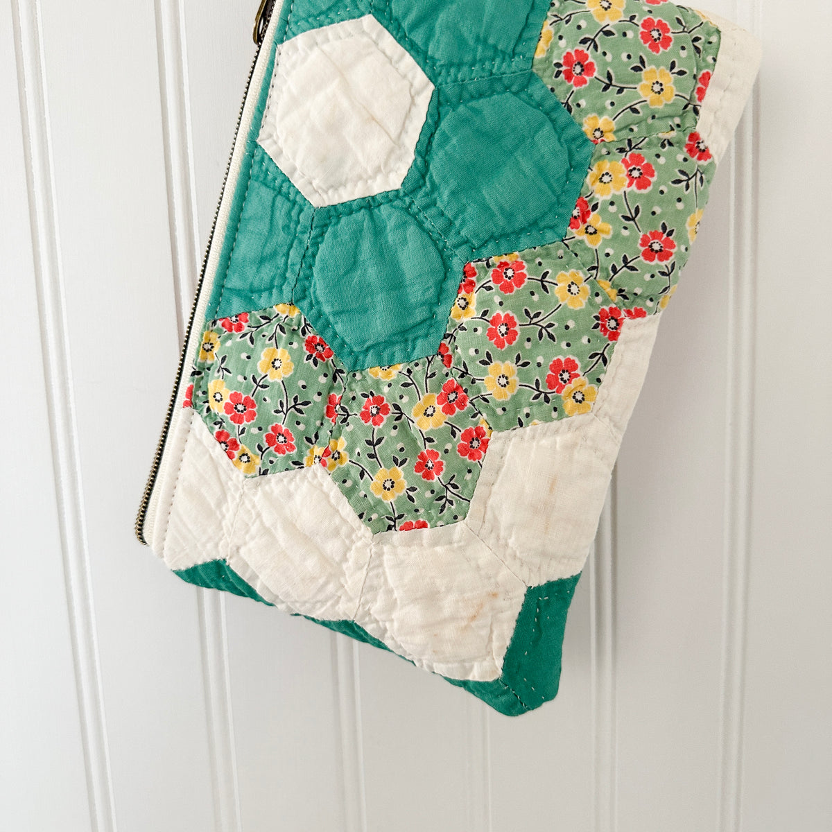 Vintage Quilt Wristlet with Leather Strap
