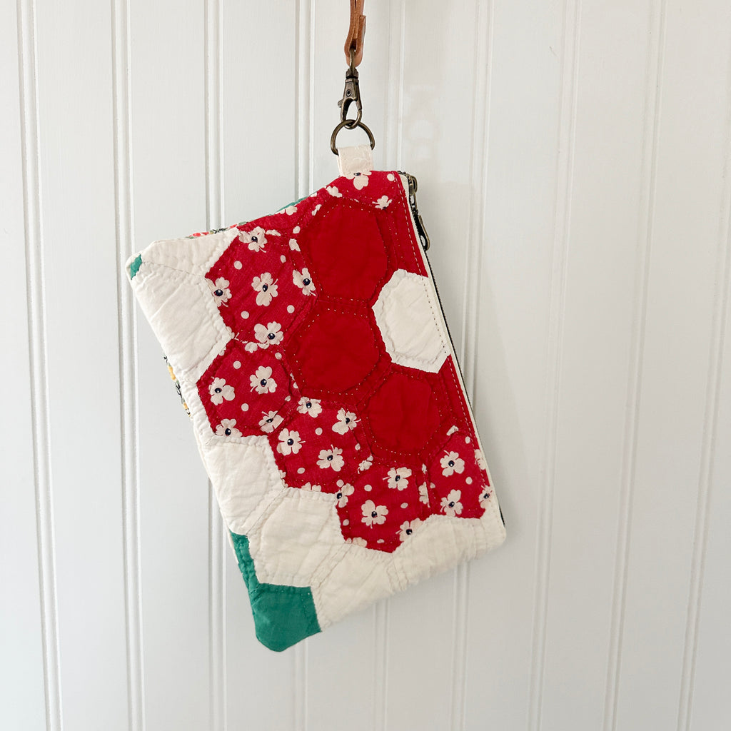 Vintage Quilt Wristlet with Leather Strap