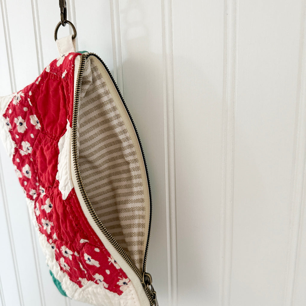 Vintage Quilt Wristlet with Leather Strap