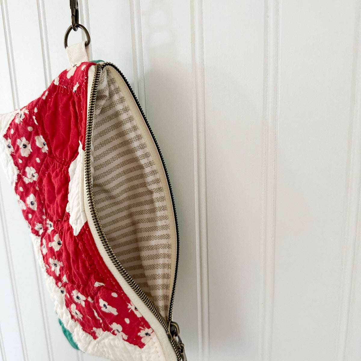 Vintage Quilt Wristlet with Leather Strap