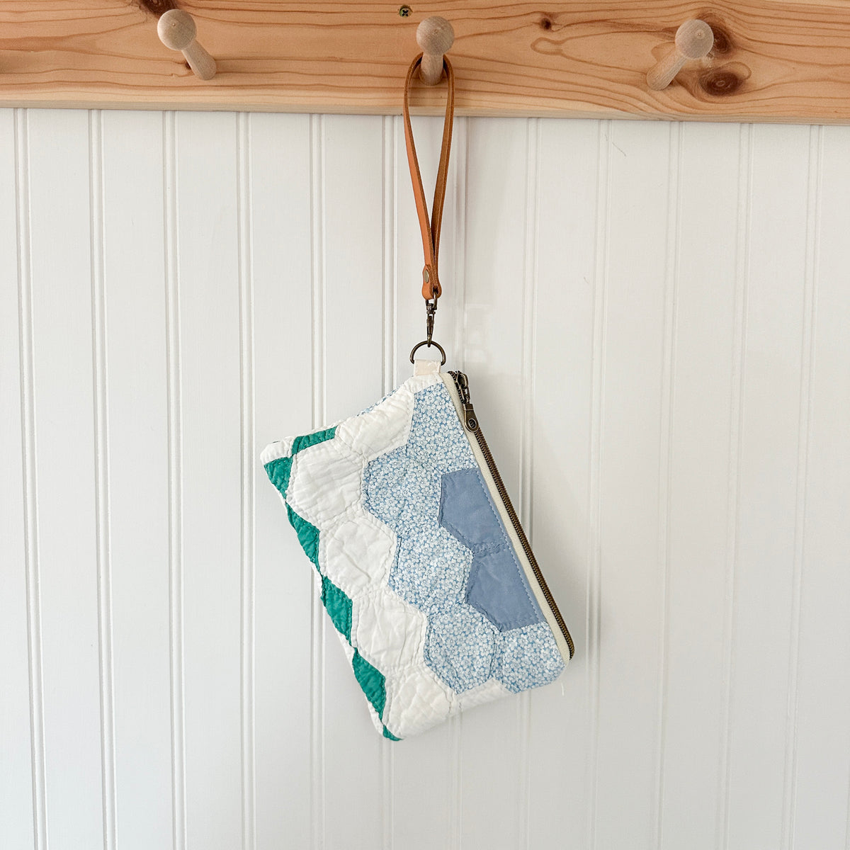 Vintage Quilt Wristlet with Leather Strap