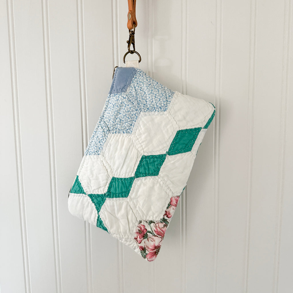 Vintage Quilt Wristlet with Leather Strap