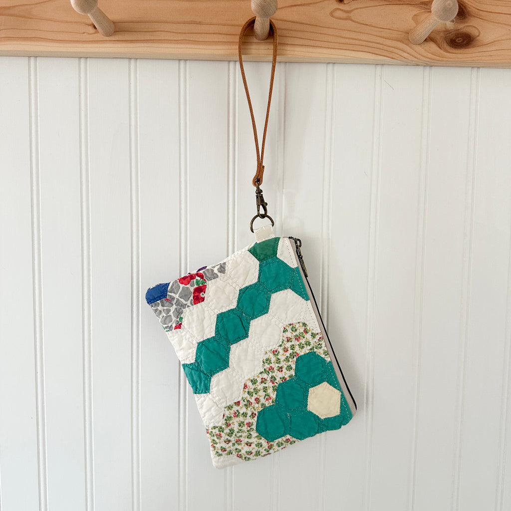 Vintage Quilt Wristlet with Leather Strap