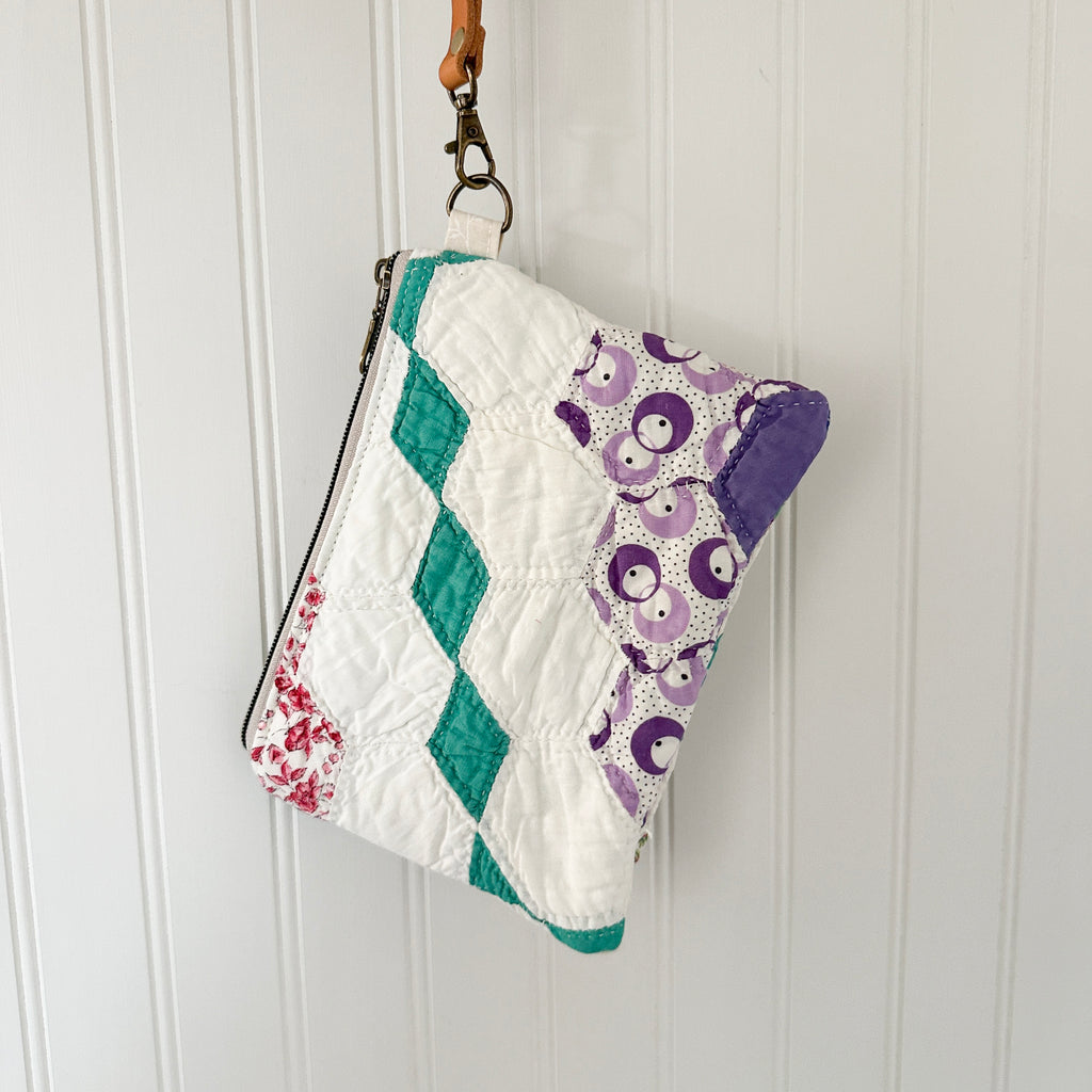 Vintage Quilt Wristlet with Leather Strap