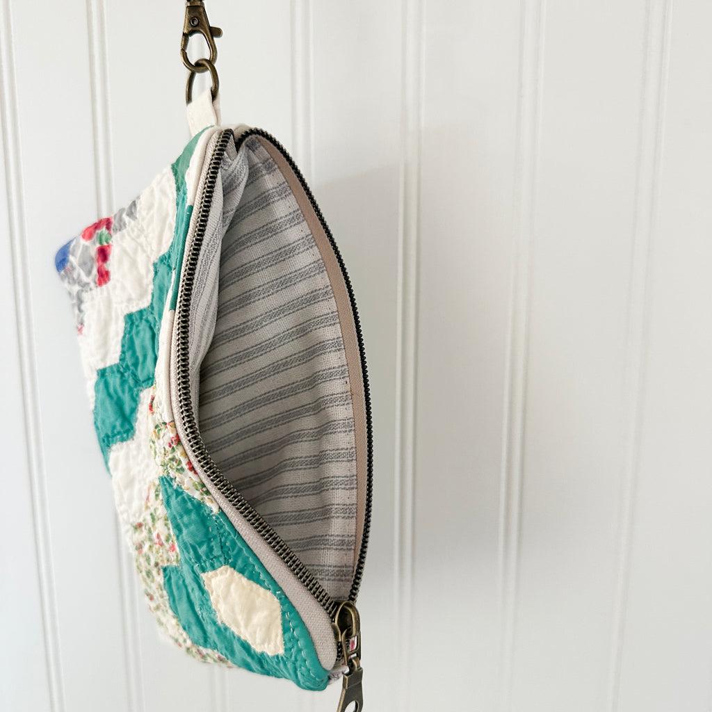 Vintage Quilt Wristlet with Leather Strap