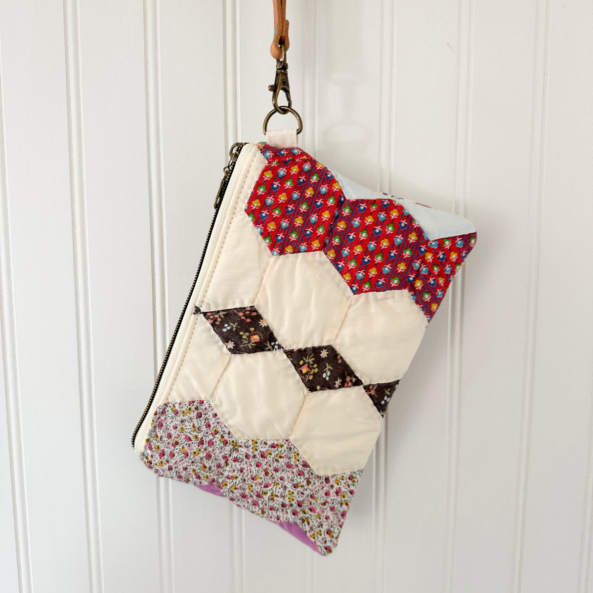 Vintage Quilt Wristlet with Leather Strap