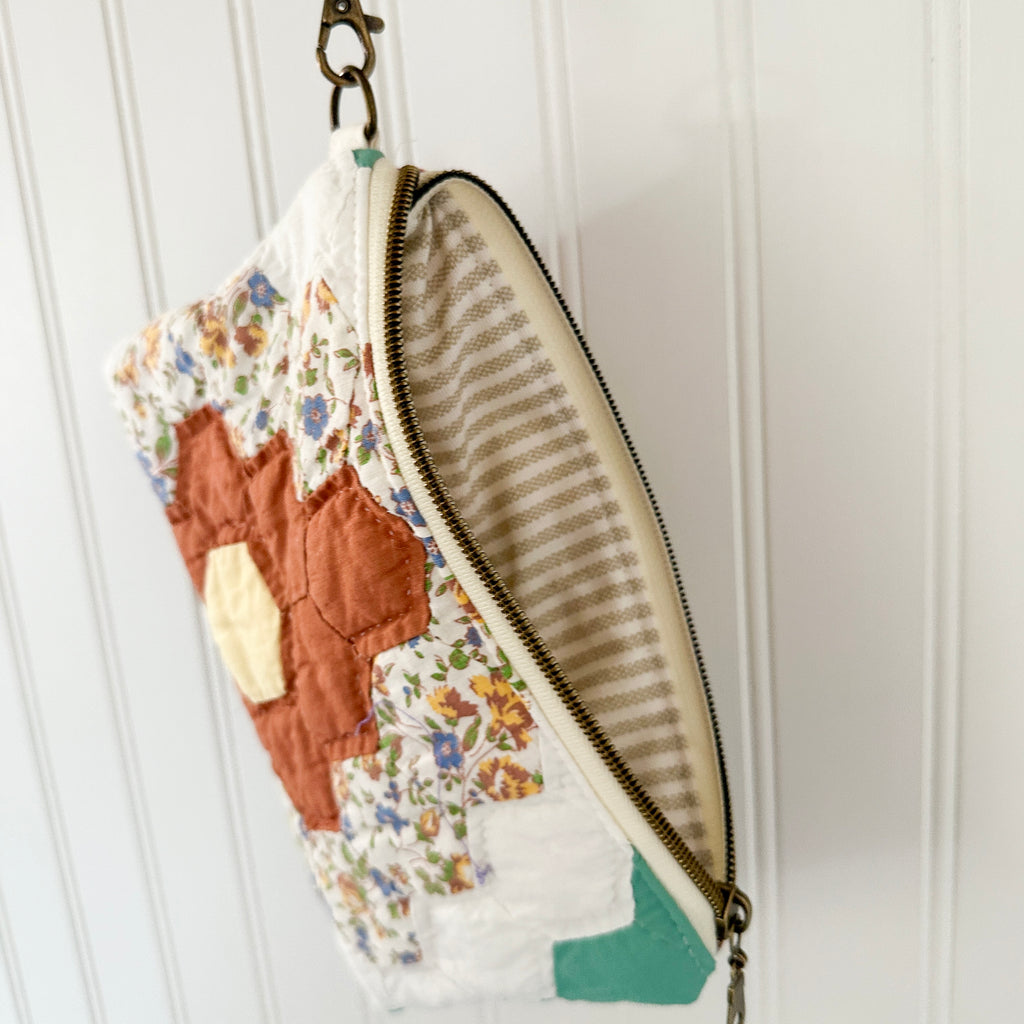Vintage Quilt Wristlet with Leather Strap