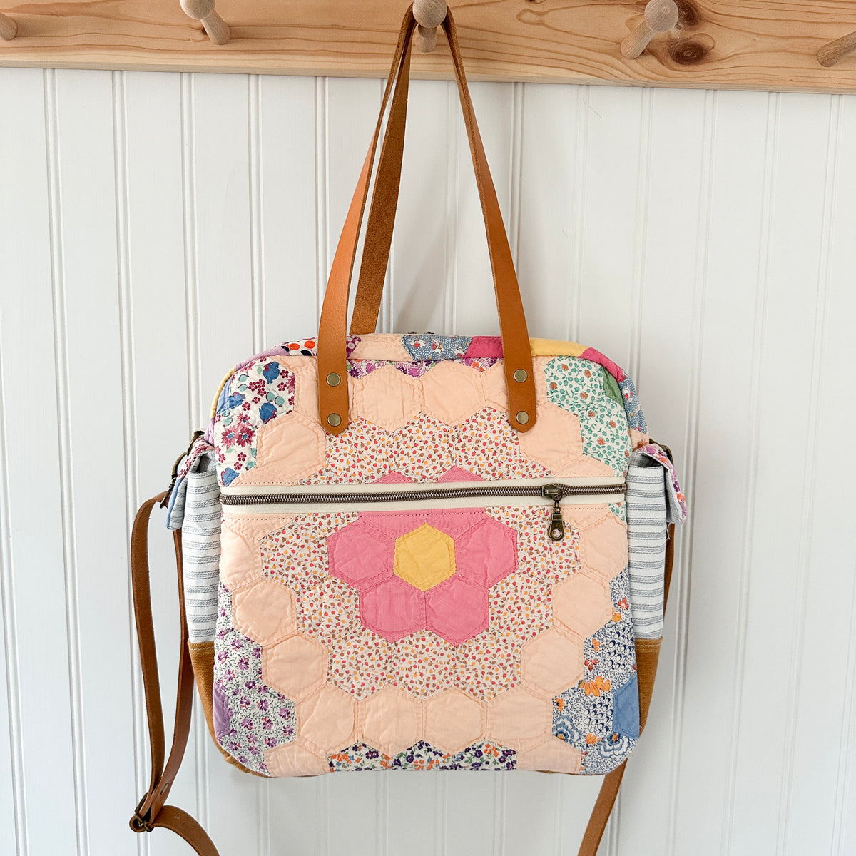 Sunday School Teachers Bag Vintage Grandmothers Garden Quilt with Leather Handles and Crossbody Strap