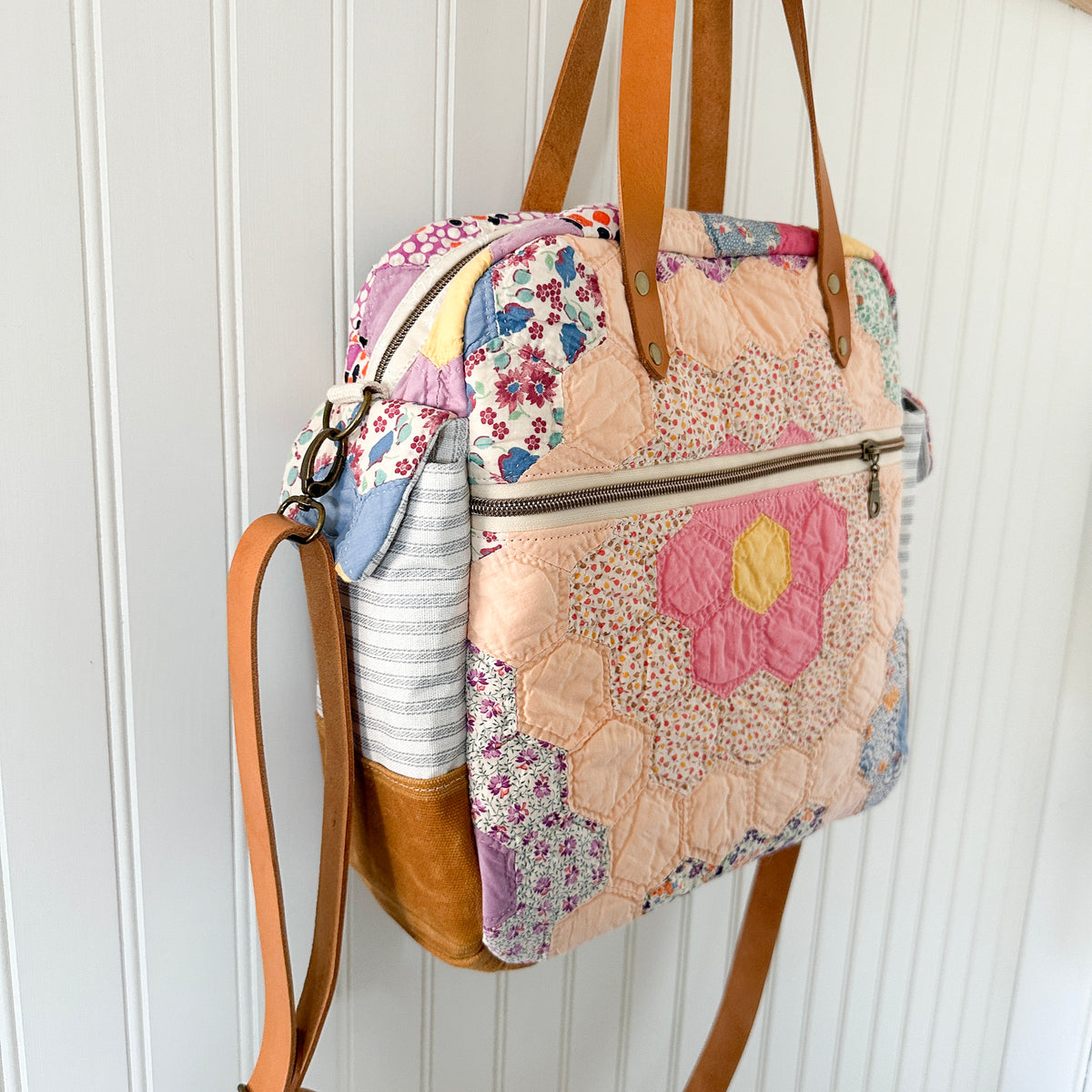 Sunday School Teachers Bag Vintage Grandmothers Garden Quilt with Leather Handles and Crossbody Strap