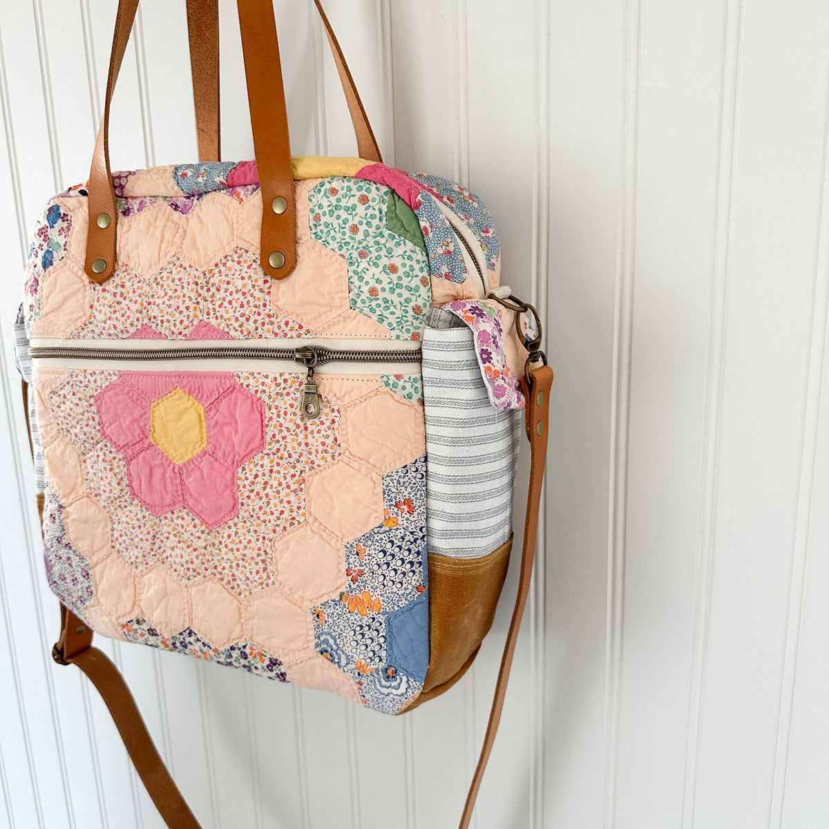 Sunday School Teachers Bag Vintage Grandmothers Garden Quilt with Leather Handles and Crossbody Strap