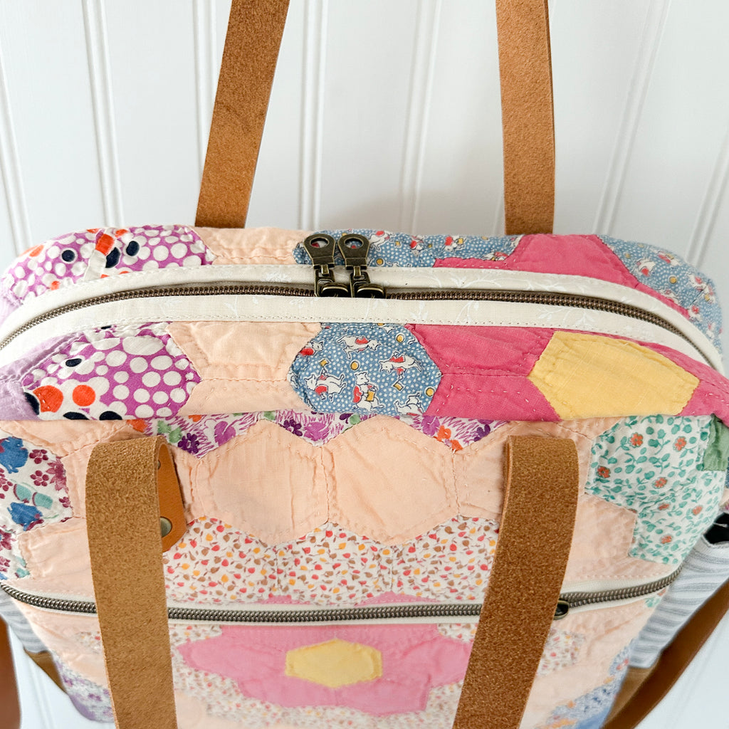Sunday School Teachers Bag Vintage Grandmothers Garden Quilt with Leather Handles and Crossbody Strap