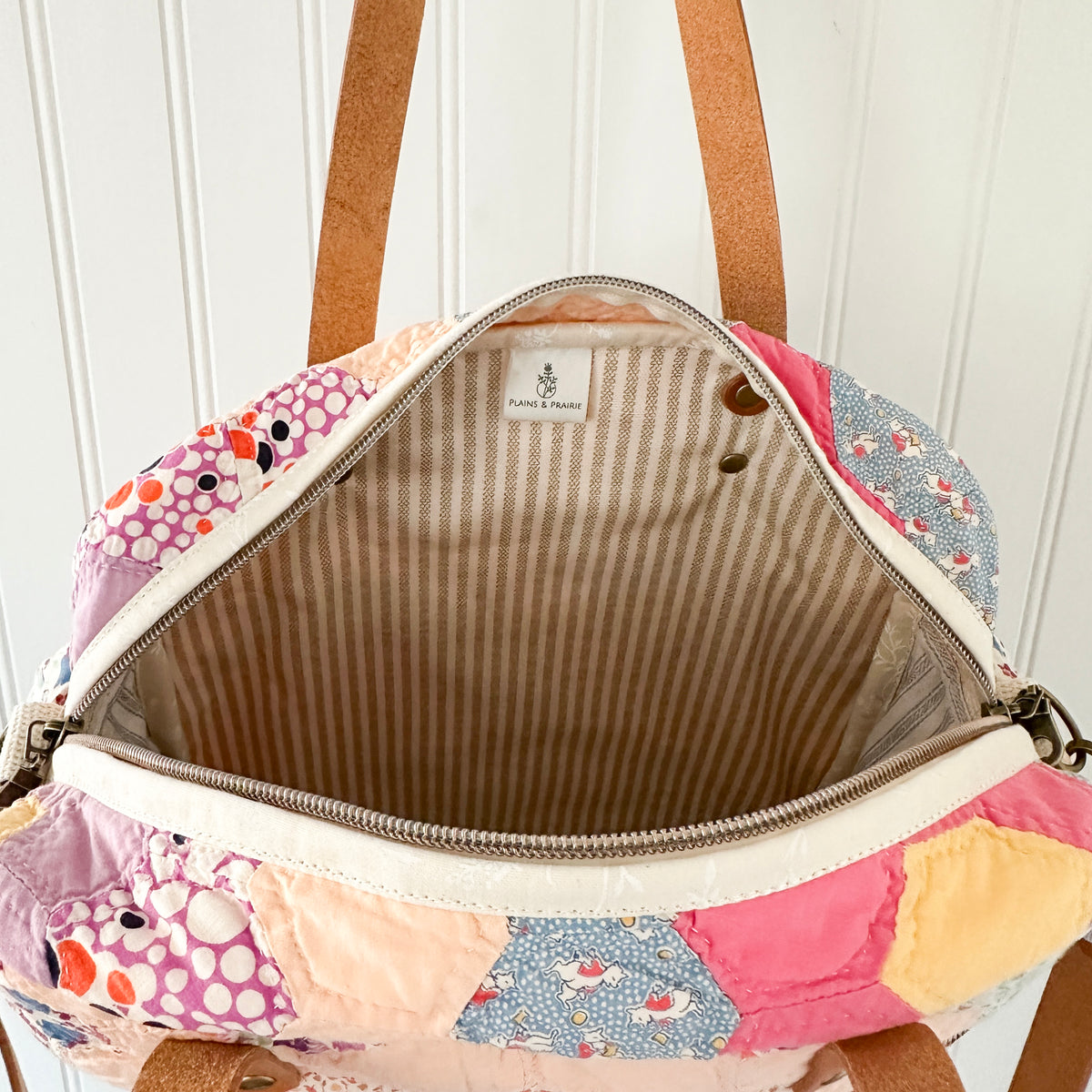 Sunday School Teachers Bag Vintage Grandmothers Garden Quilt with Leather Handles and Crossbody Strap