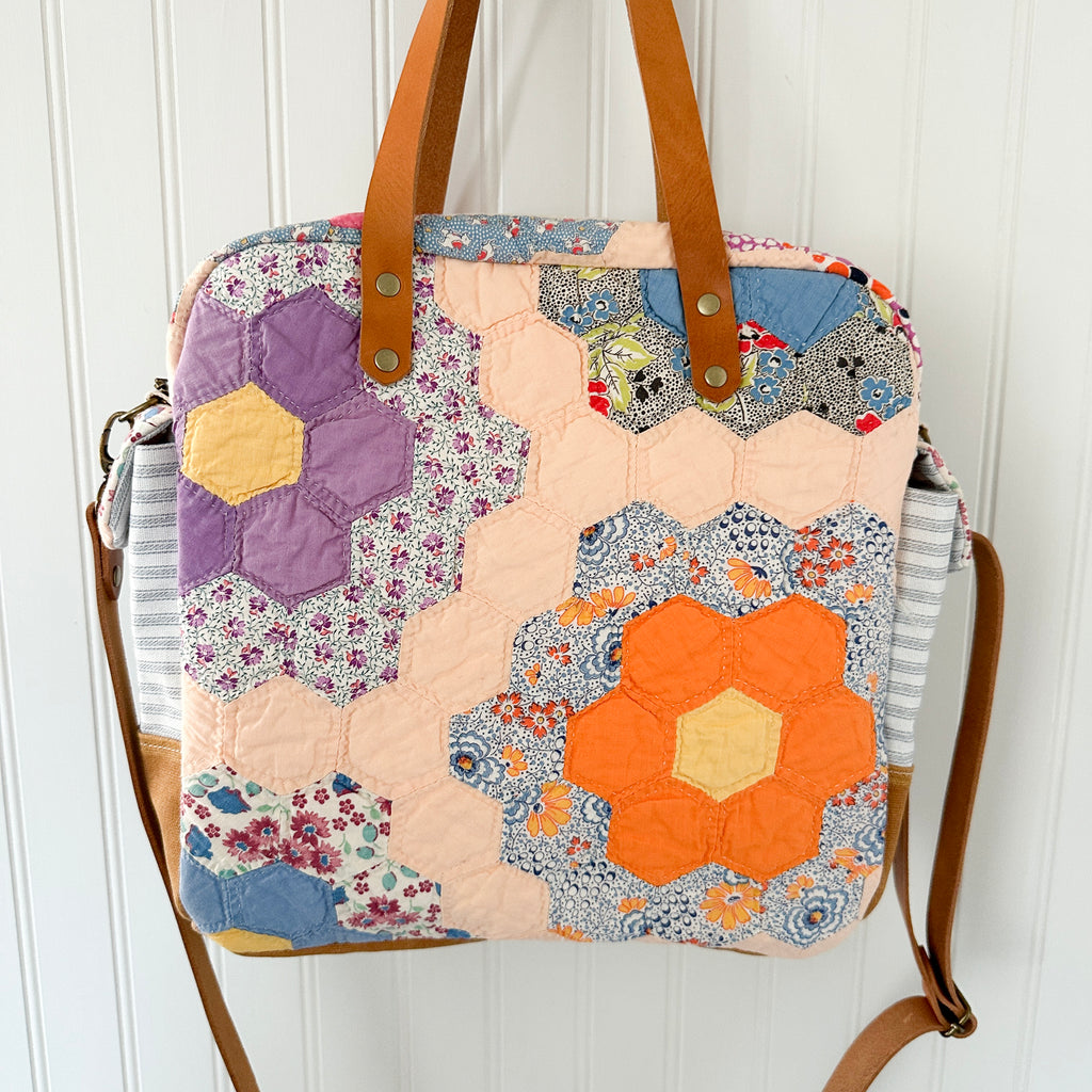 Sunday School Teachers Bag Vintage Grandmothers Garden Quilt with Leather Handles and Crossbody Strap