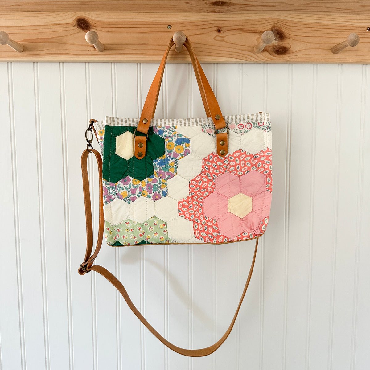 Boxy Bible Bag Vintage Grandmothers Garden Quilt with Leather Handles and Crossbody Strap