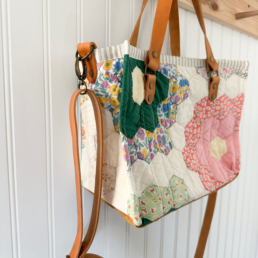 Boxy Bible Bag Vintage Grandmothers Garden Quilt with Leather Handles and Crossbody Strap