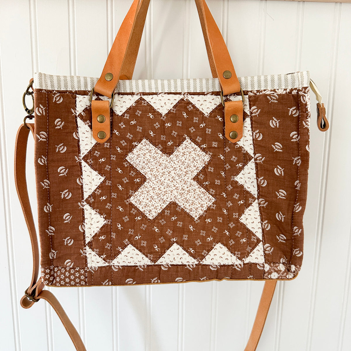 Boxy Bible Bag Vintage Quilt with Leather Handles and Crossbody Strap