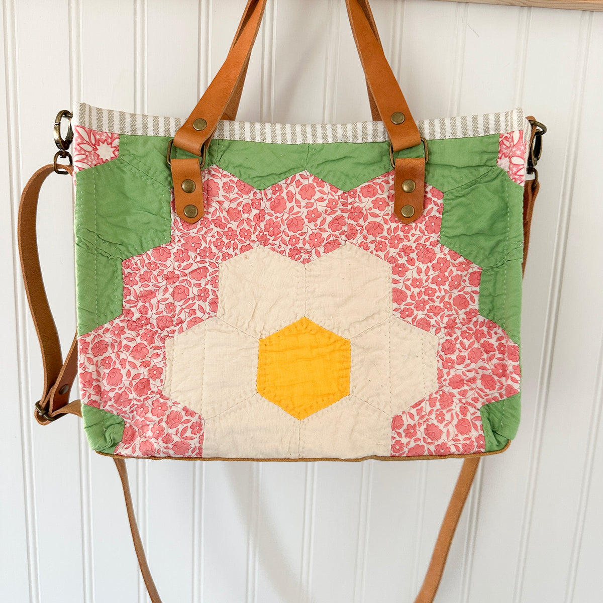 Boxy Bible Bag Vintage Grandmothers Garden Quilt with Leather Handles and Crossbody Strap