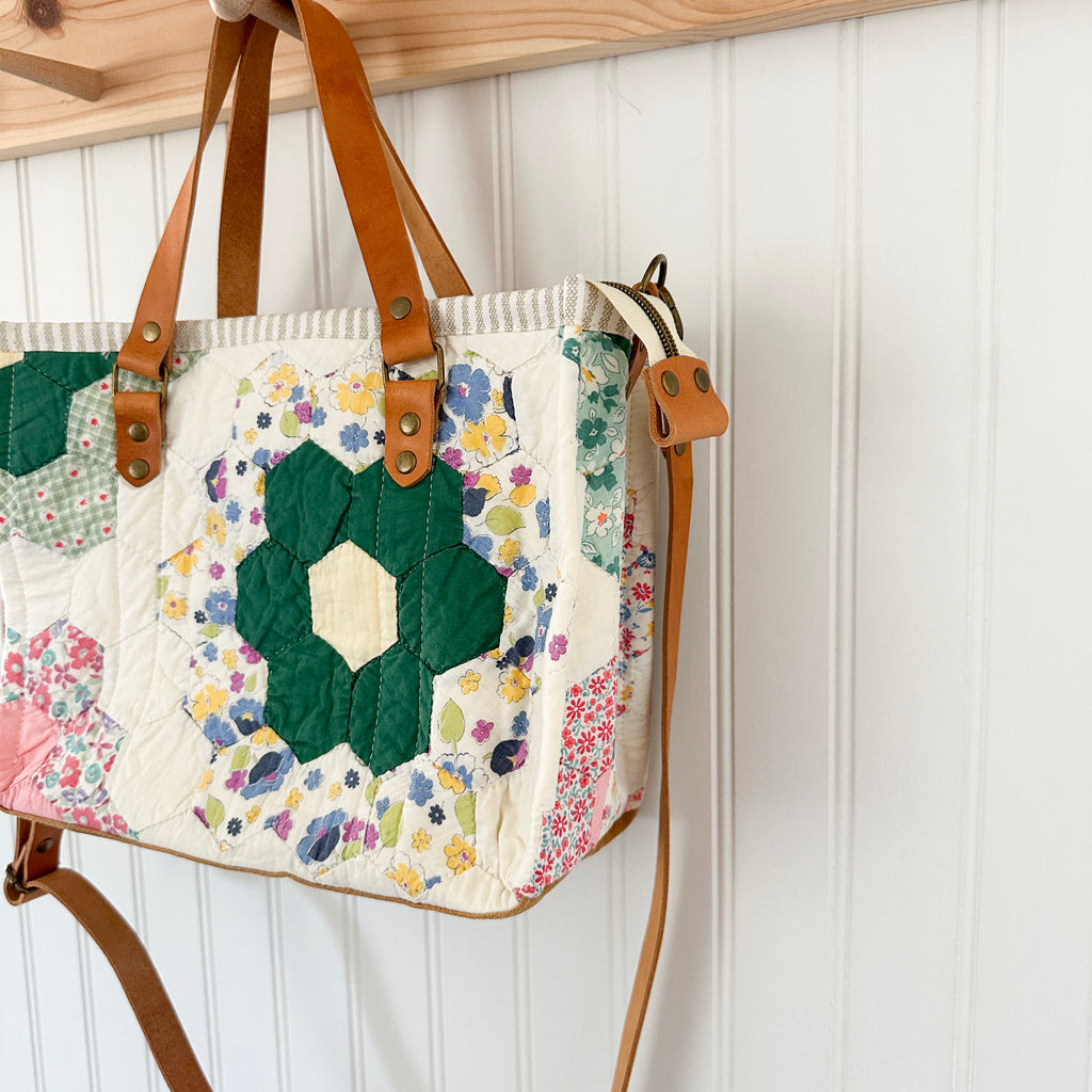 Boxy Bible Bag Vintage Grandmothers Garden Quilt with Leather Handles and Crossbody Strap
