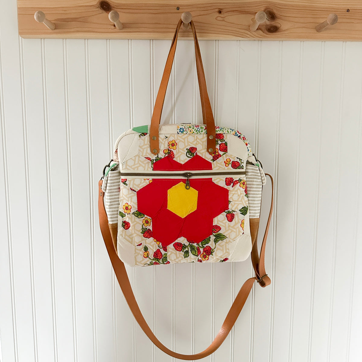 Sunday School Teachers Bag Vintage Grandmothers Garden Quilt with Leather Handles and Crossbody Strap