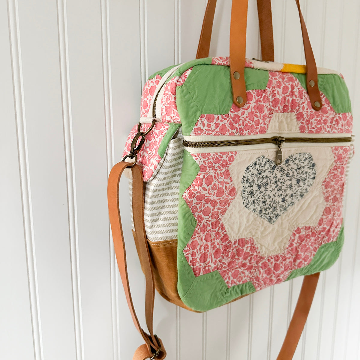 Sunday School Teachers Bag Vintage Grandmothers Garden Quilt with Leather Handles and Crossbody Strap