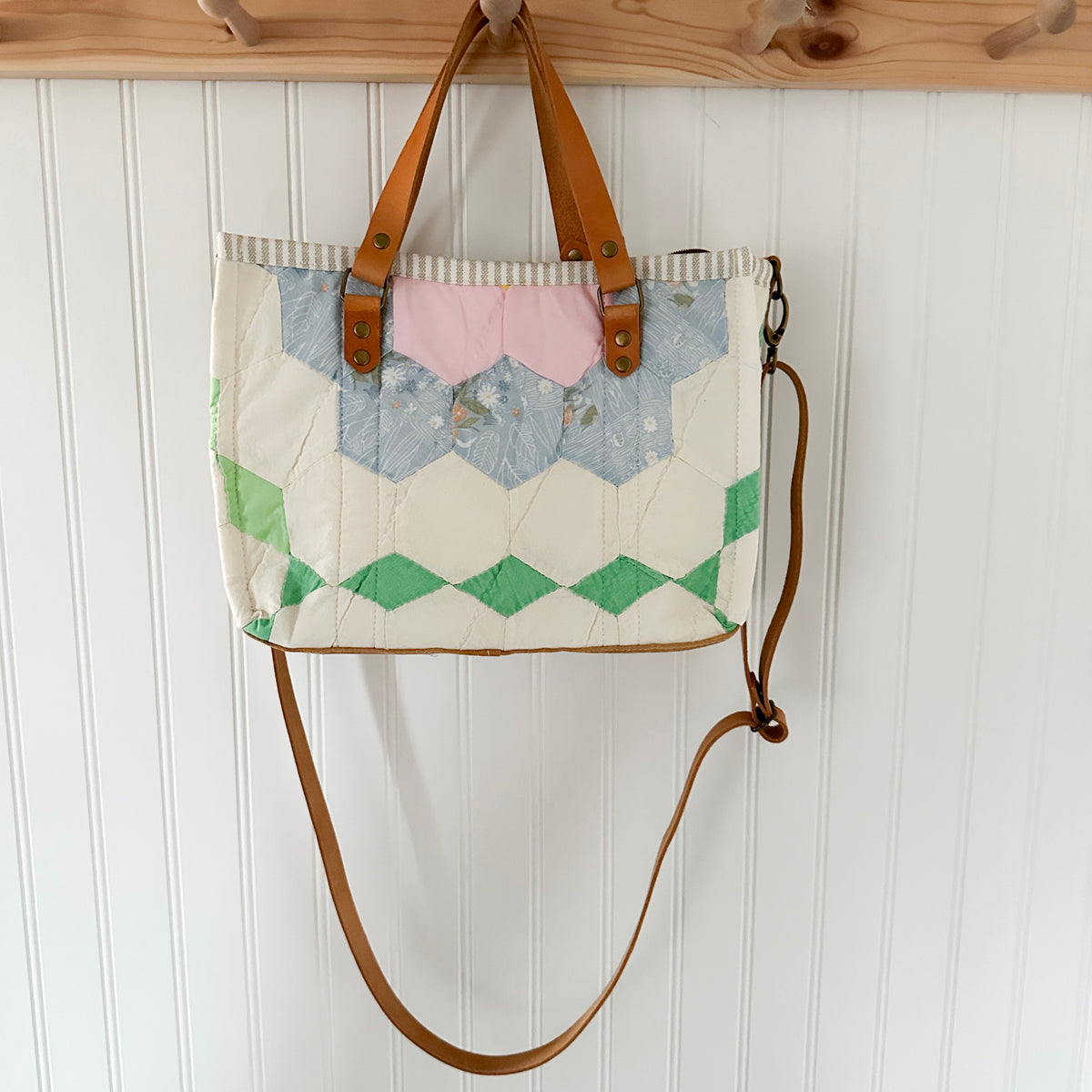 Boxy Bible Bag Vintage Grandmothers Garden Quilt with Leather Handles and Crossbody Strap