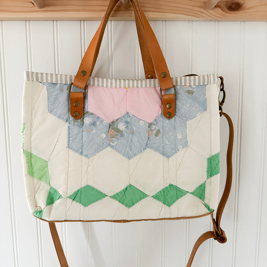 Boxy Bible Bag Vintage Grandmothers Garden Quilt with Leather Handles and Crossbody Strap