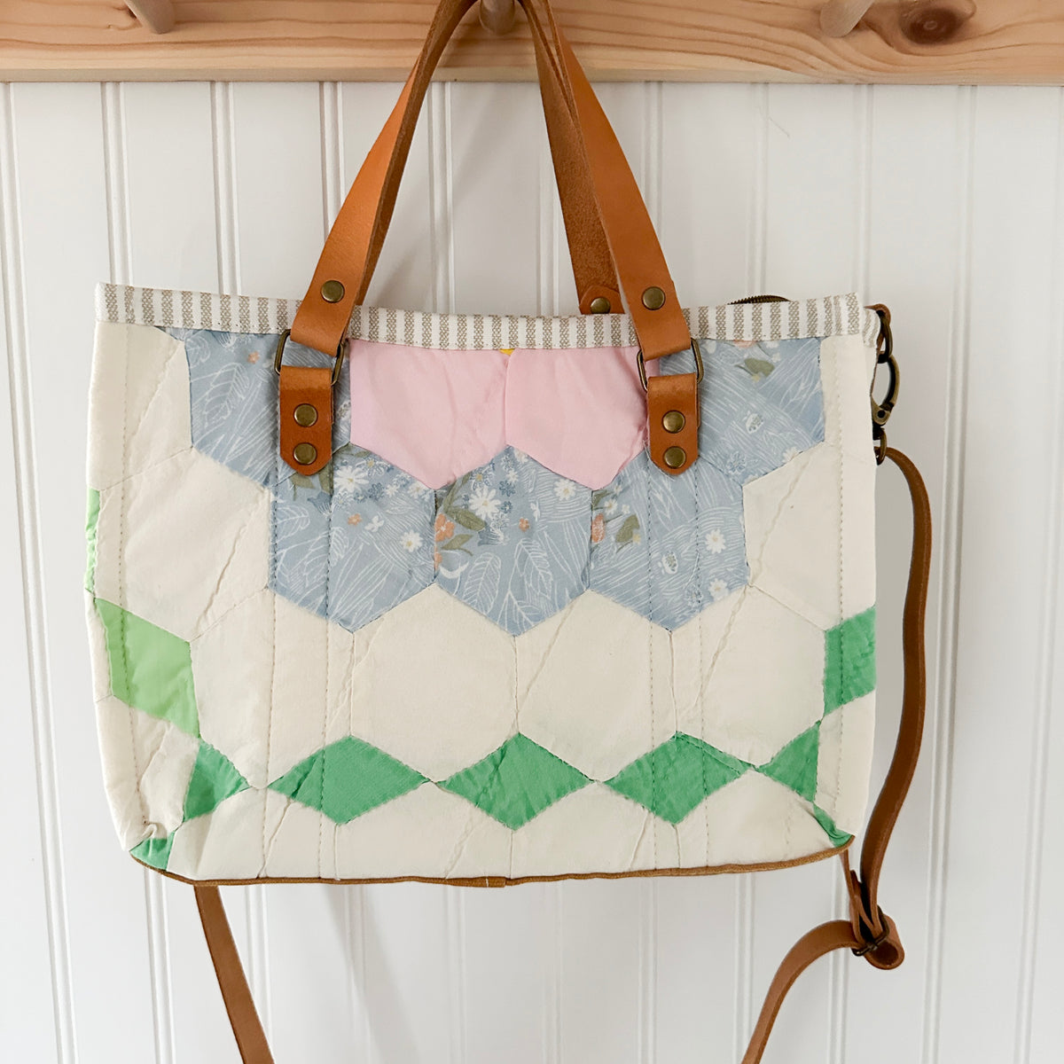 Boxy Bible Bag Vintage Grandmothers Garden Quilt with Leather Handles and Crossbody Strap