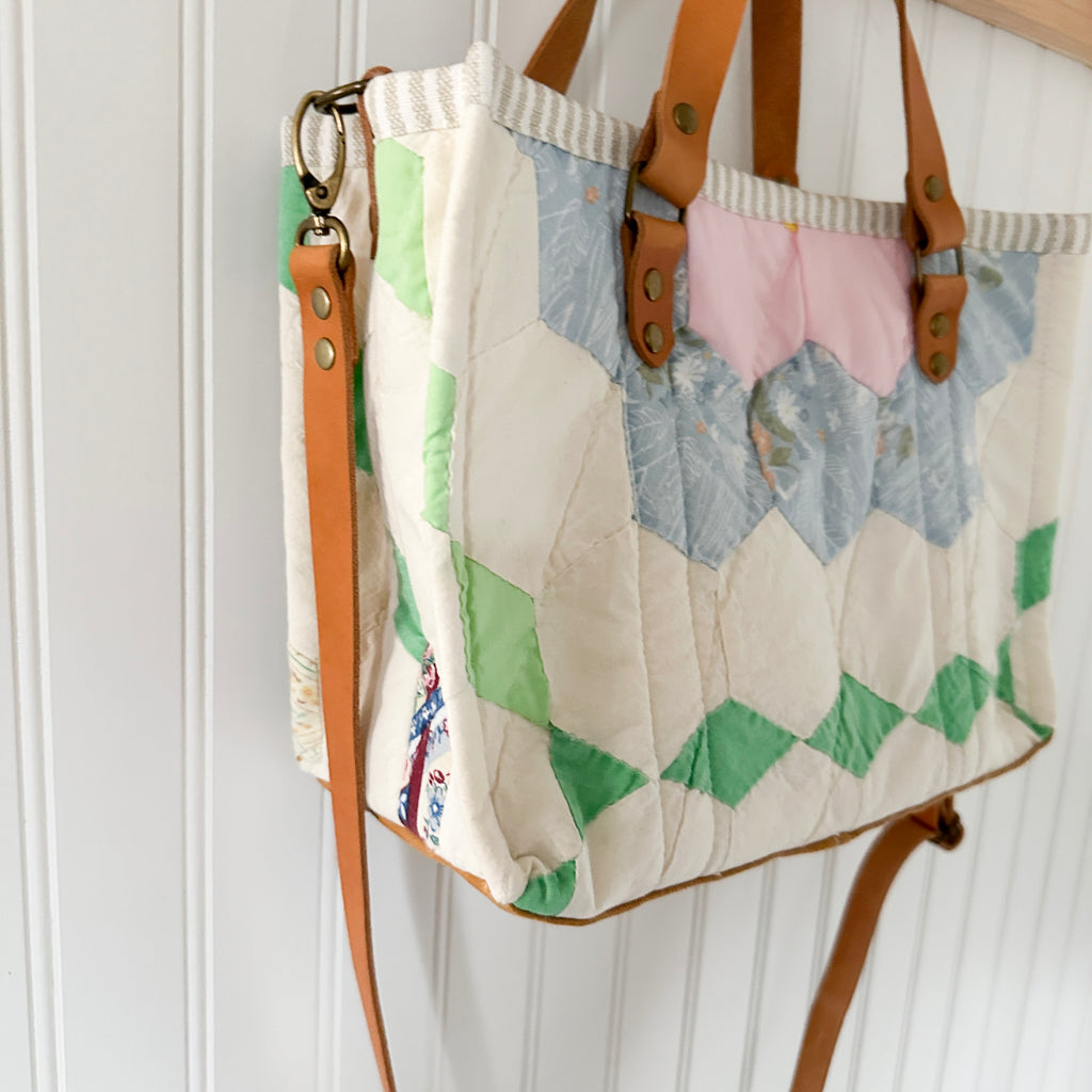 Boxy Bible Bag Vintage Grandmothers Garden Quilt with Leather Handles and Crossbody Strap