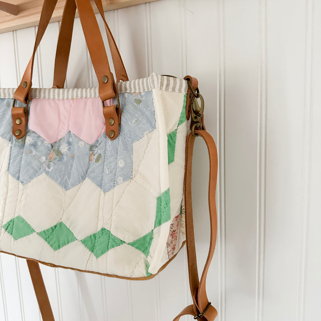 Boxy Bible Bag Vintage Grandmothers Garden Quilt with Leather Handles and Crossbody Strap