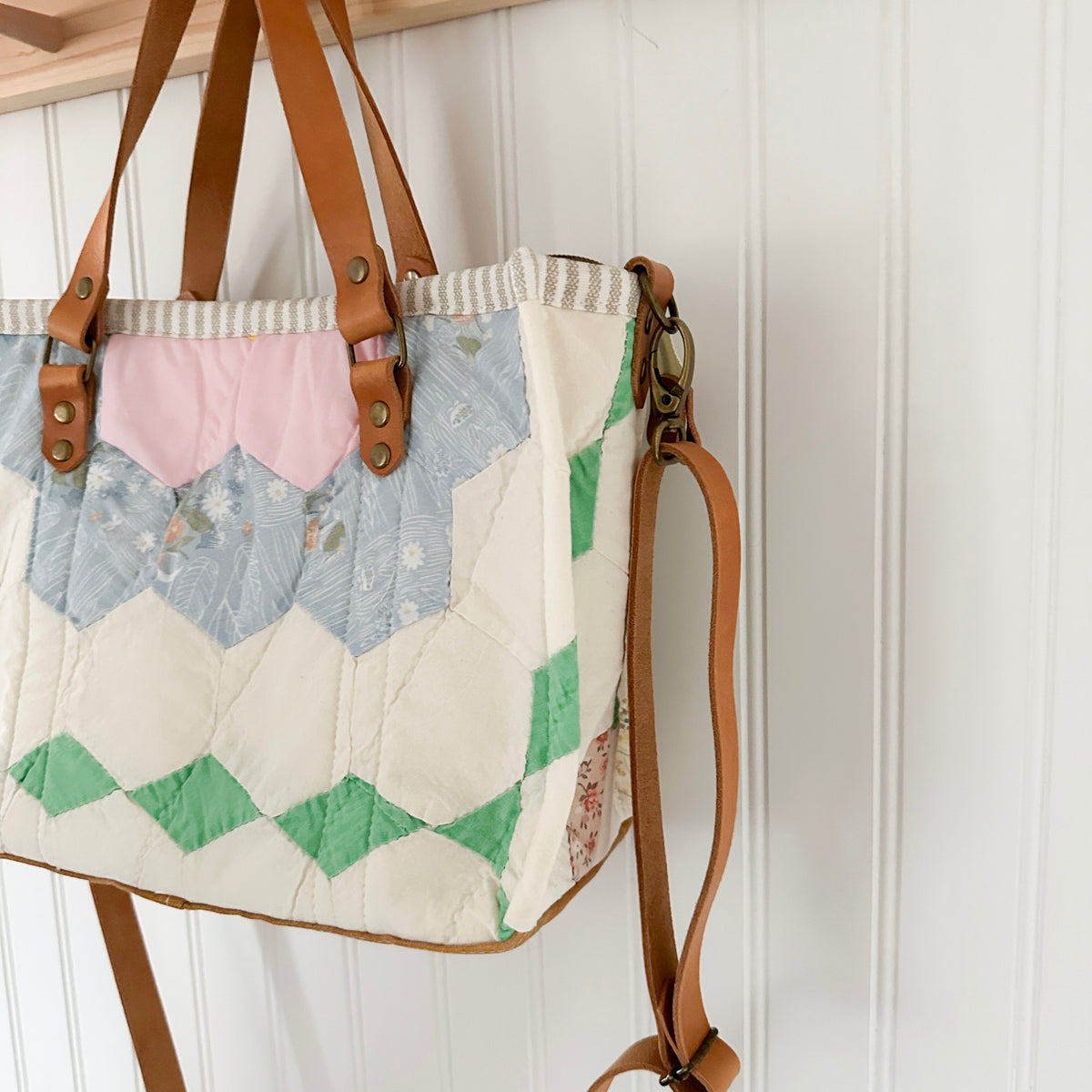Boxy Bible Bag Vintage Grandmothers Garden Quilt with Leather Handles and Crossbody Strap
