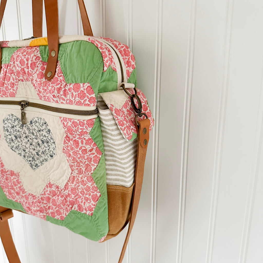 Sunday School Teachers Bag Vintage Grandmothers Garden Quilt with Leather Handles and Crossbody Strap