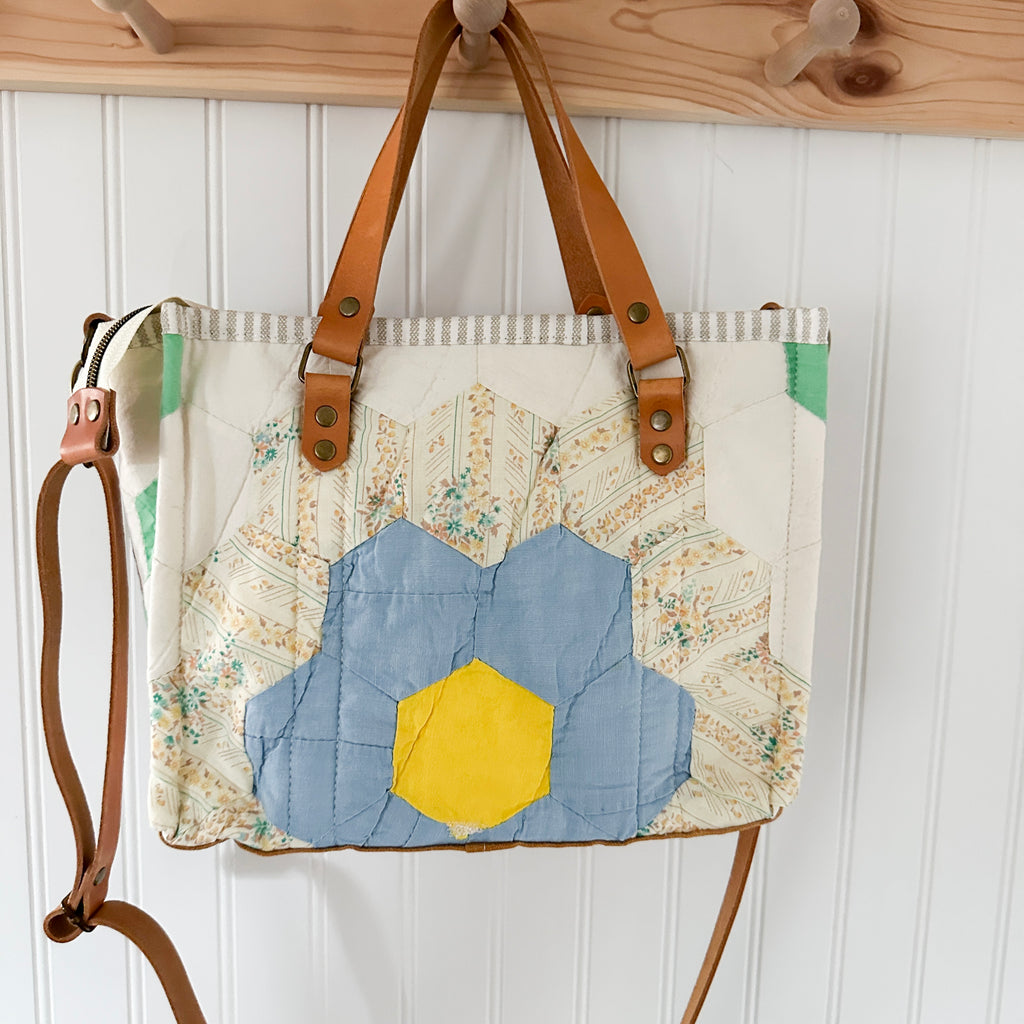 Boxy Bible Bag Vintage Grandmothers Garden Quilt with Leather Handles and Crossbody Strap