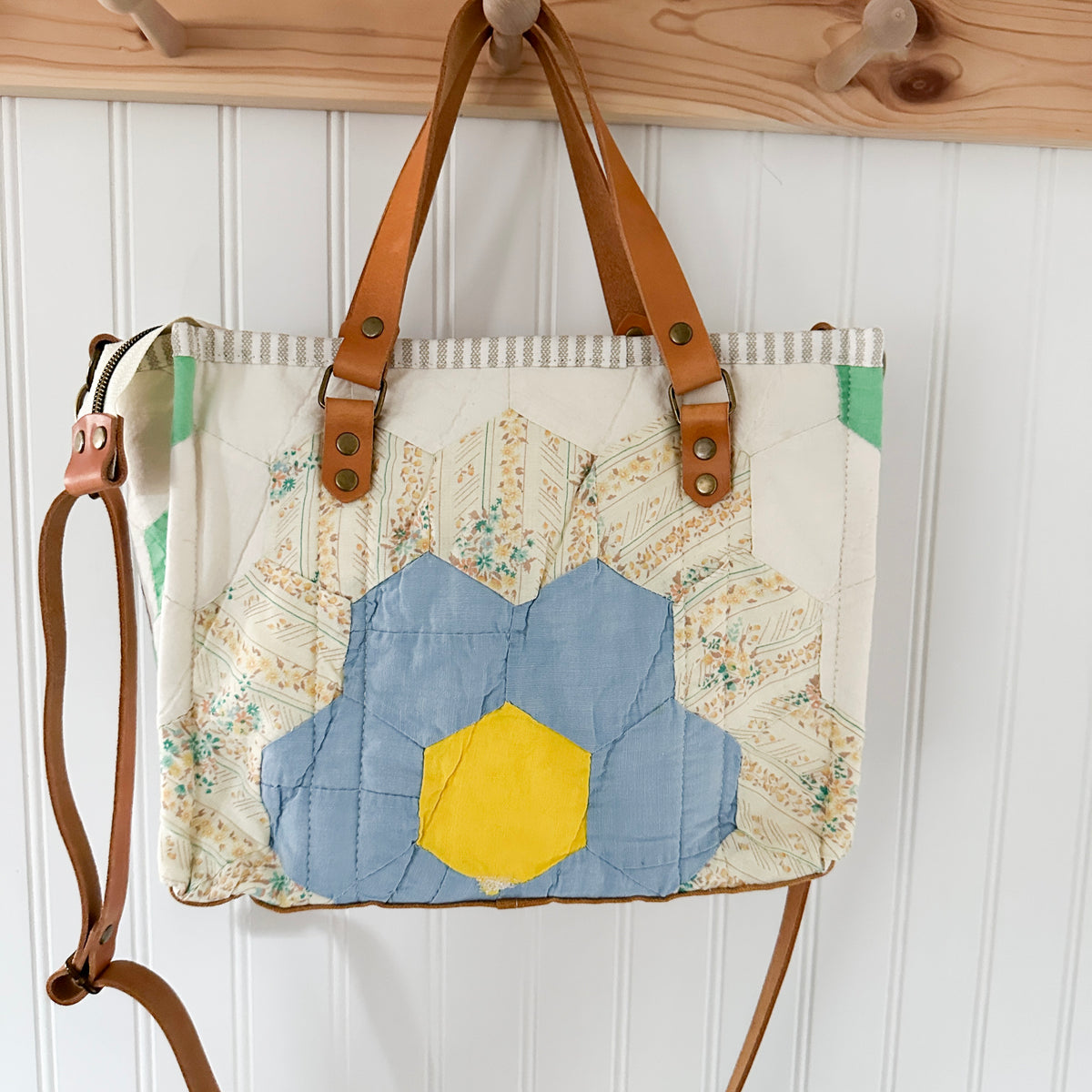 Boxy Bible Bag Vintage Grandmothers Garden Quilt with Leather Handles and Crossbody Strap